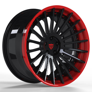 Custom forged 3-piece BMW wheels in black and red, RVRN RV-TR66 design for high performance and style.